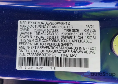 2025 Honda Cr-V Hybrid Sport-L z USA, uszkodzony, nr VIN 7FARS5H82SE001975